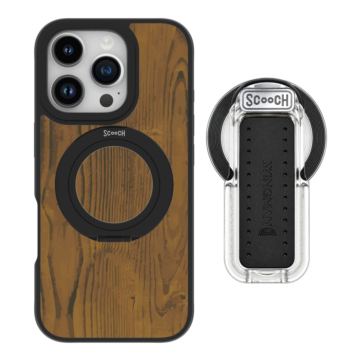 Scooch MagCase Wood Grain for iPhone 16 Pro — MagSafe Wingback Bundle - Clear