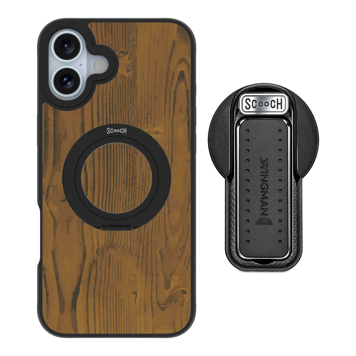 Scooch MagCase Wood Grain for iPhone 16 Plus — MagSafe Wingback Bundle - Black