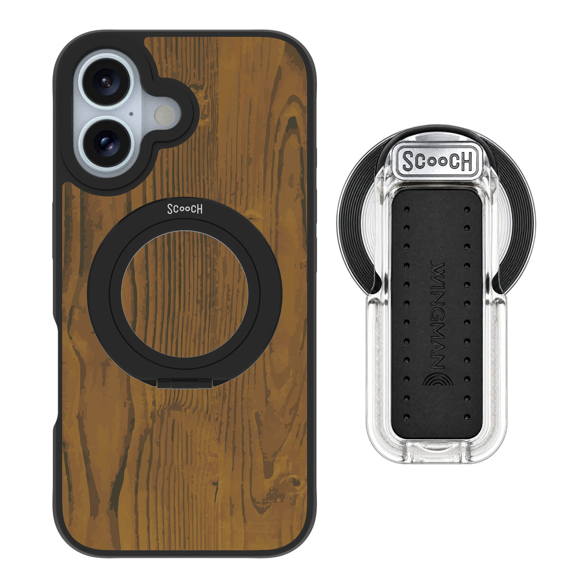 Scooch MagCase Wood Grain for iPhone 16 — MagSafe Wingback Bundle - Clear