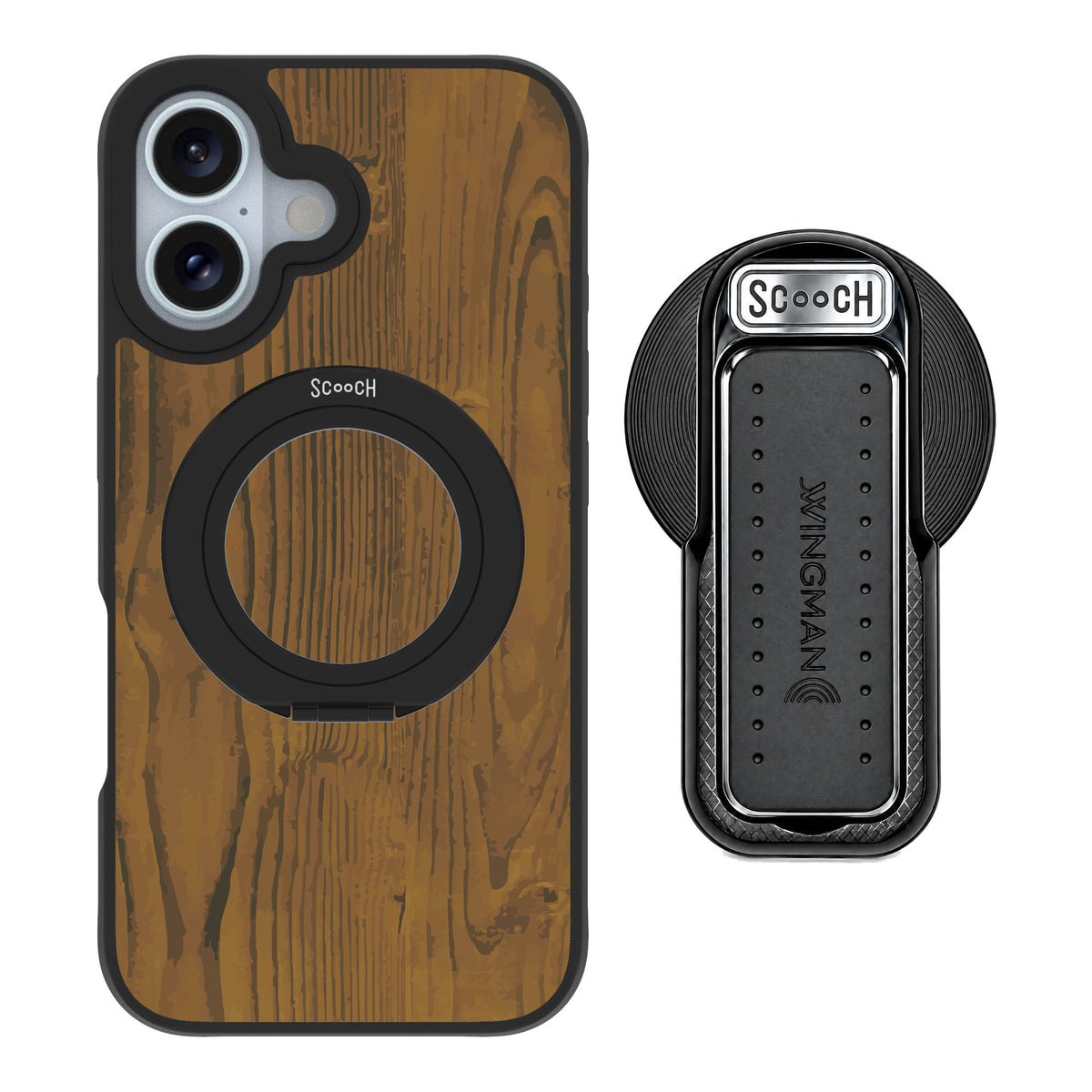 Scooch MagCase Wood Grain for iPhone 16 — MagSafe Wingback Bundle - Black