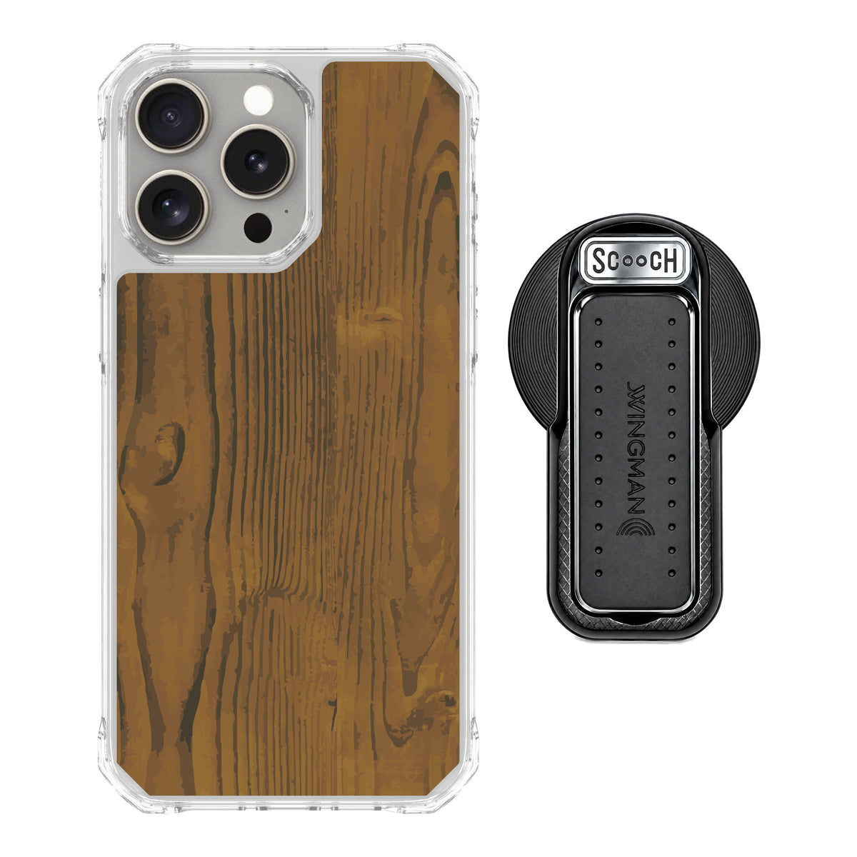 Scooch MagCase Wood Grain for iPhone 15 Pro Max — MagSafe Wingback Bundle - Black