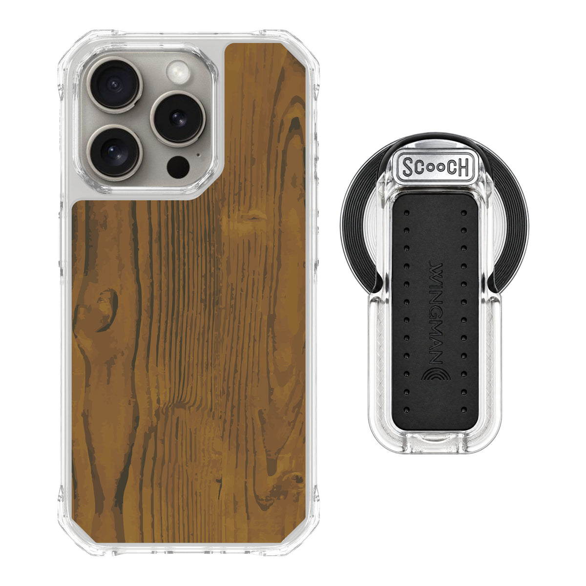 Scooch MagCase Wood Grain for iPhone 15 Pro — MagSafe Wingback Bundle - Clear