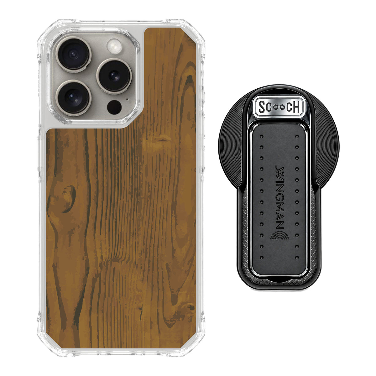 Scooch MagCase Wood Grain for iPhone 15 Pro — MagSafe Wingback Bundle - Black