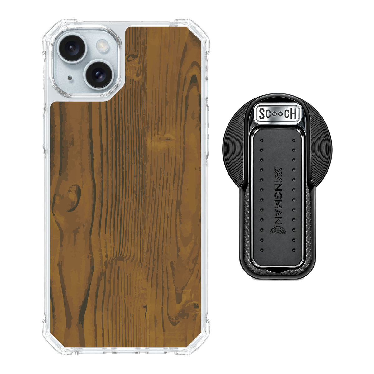 Scooch MagCase Wood Grain for iPhone 15 Plus — MagSafe Wingback Bundle - Black