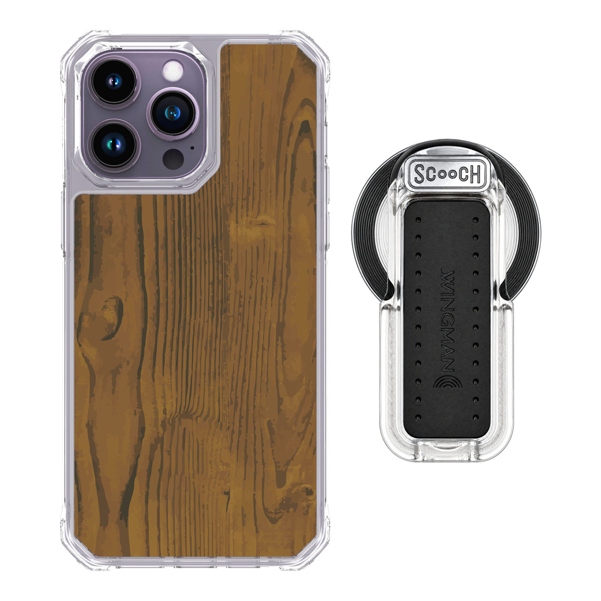 Scooch MagCase Wood Grain for iPhone 14 Pro Max — MagSafe Wingback Bundle - Clear