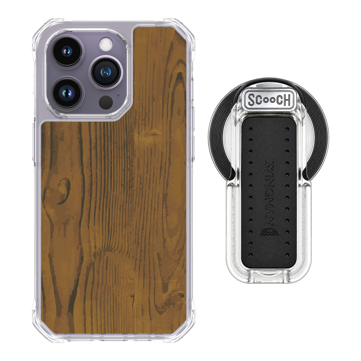 Scooch MagCase Wood Grain for iPhone 14 Pro — MagSafe Wingback Bundle - Clear