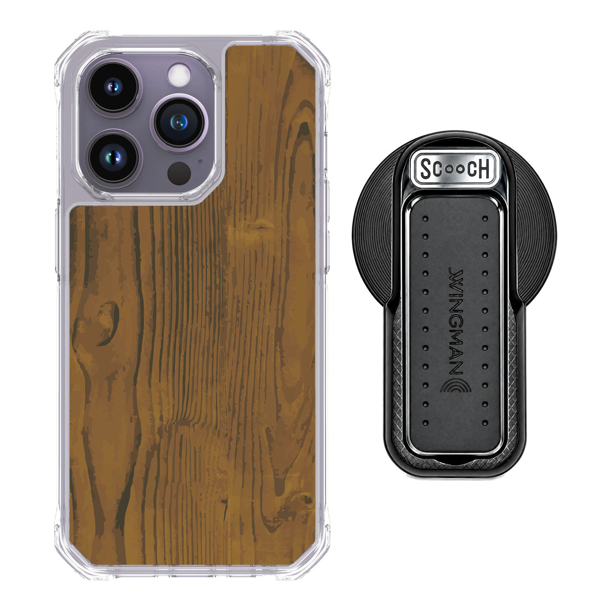 Scooch MagCase Wood Grain for iPhone 14 Pro — MagSafe Wingback Bundle - Black