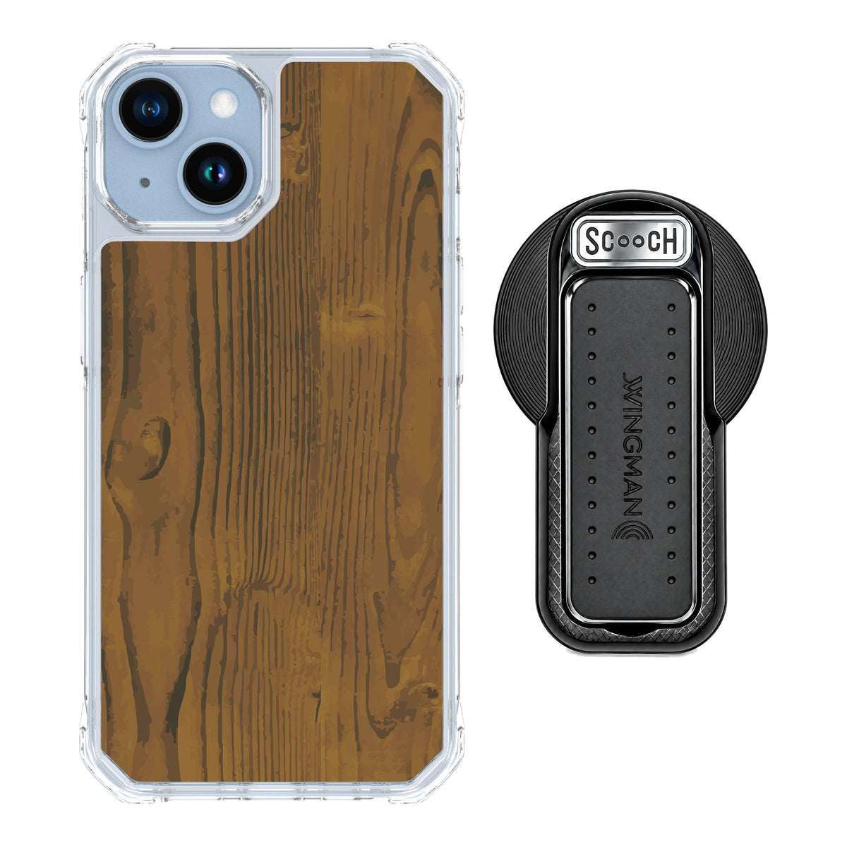 Scooch MagCase Wood Grain for iPhone 14 — MagSafe Wingback Bundle - Black