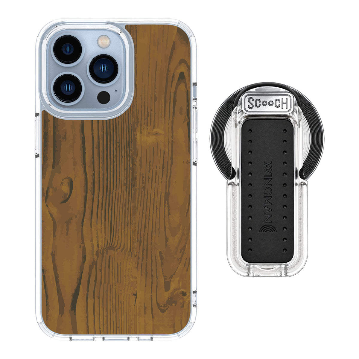 Scooch MagCase Wood Grain for iPhone 13 Pro — MagSafe Wingback Bundle - Clear
