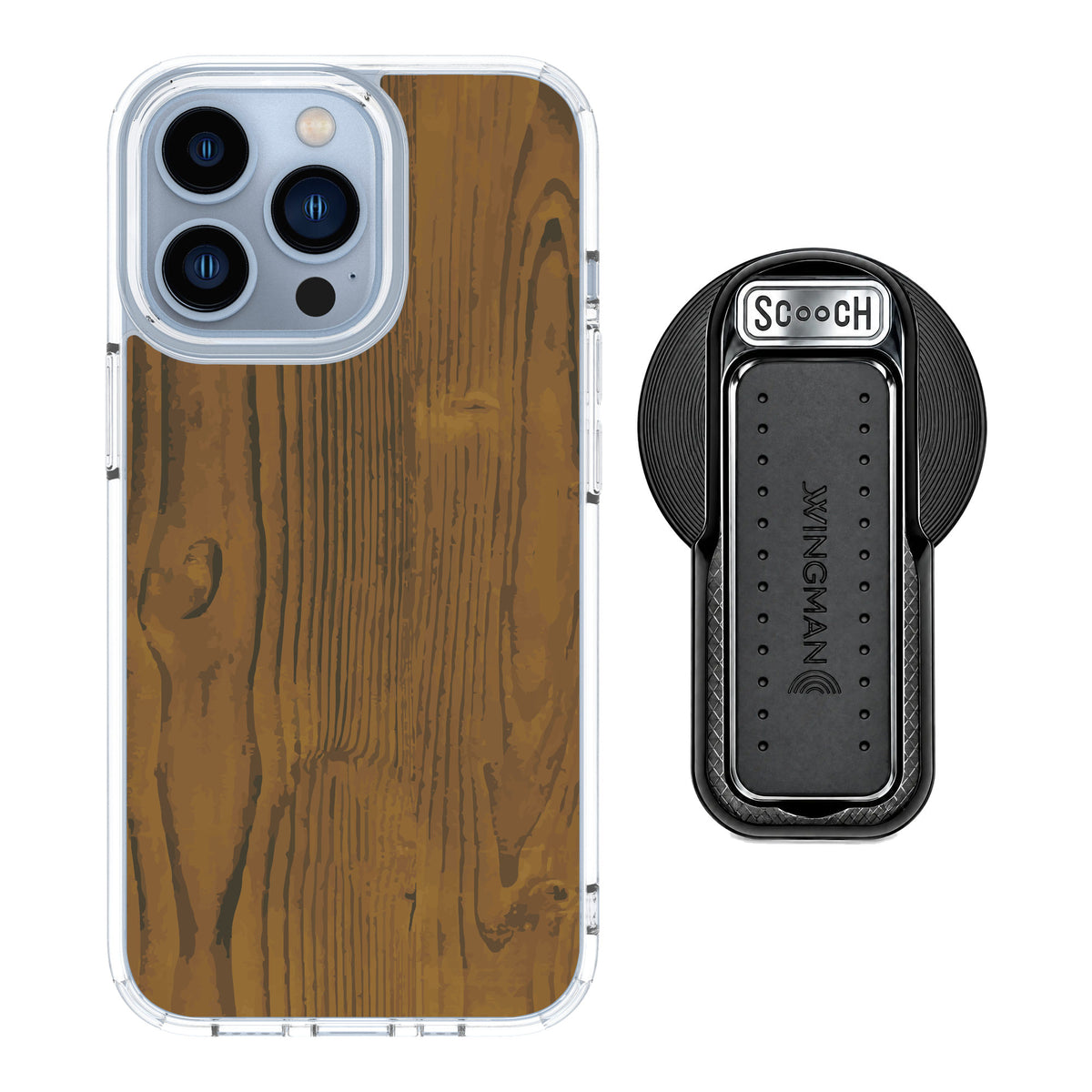 Scooch MagCase Wood Grain for iPhone 13 Pro — MagSafe Wingback Bundle - Black