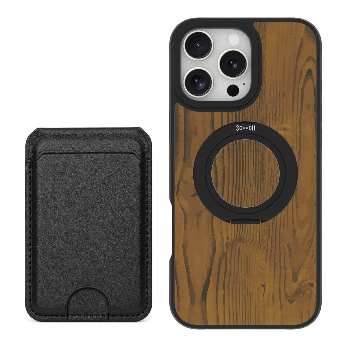 Scooch MagCase Wood Grain for iPhone 16 Pro Max — Black MagWallet Bundle