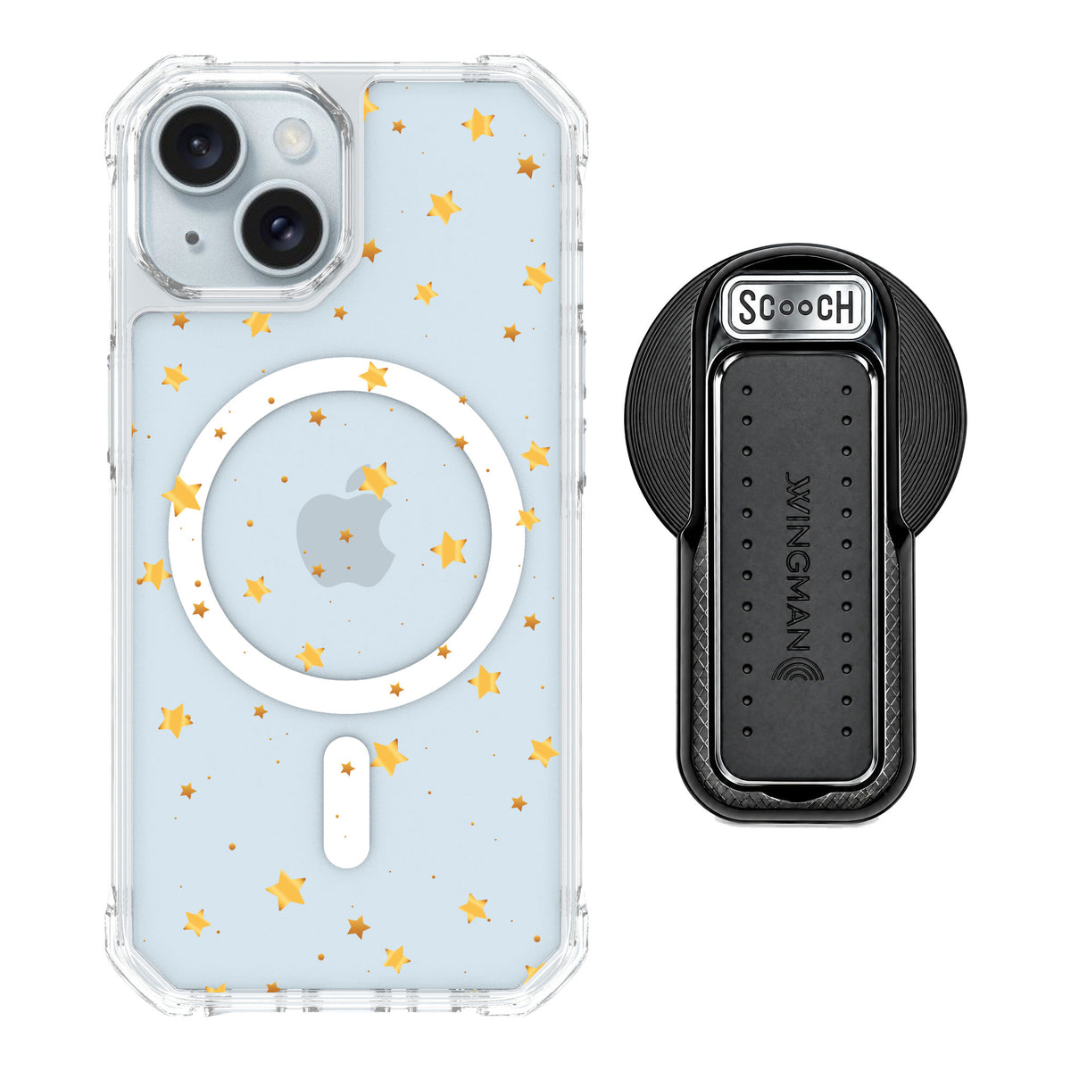Scooch MagCase Gold Stars for iPhone 15 — MagSafe Wingback Bundle - Black