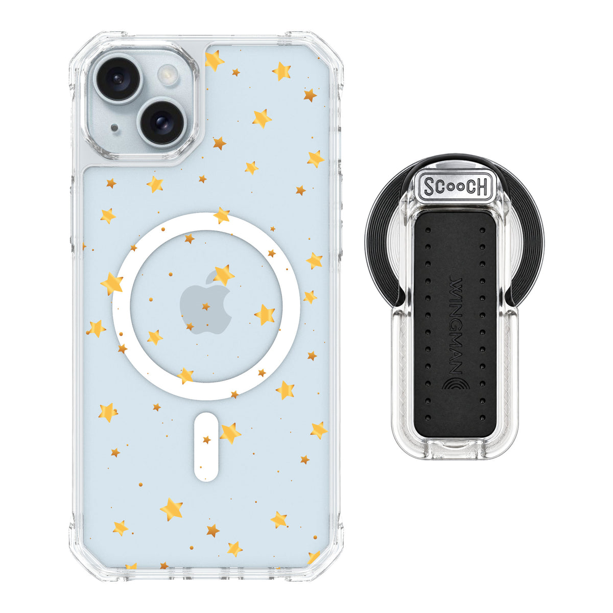 Scooch MagCase Gold Stars for iPhone 14 Plus — MagSafe Wingback Bundle - Clear