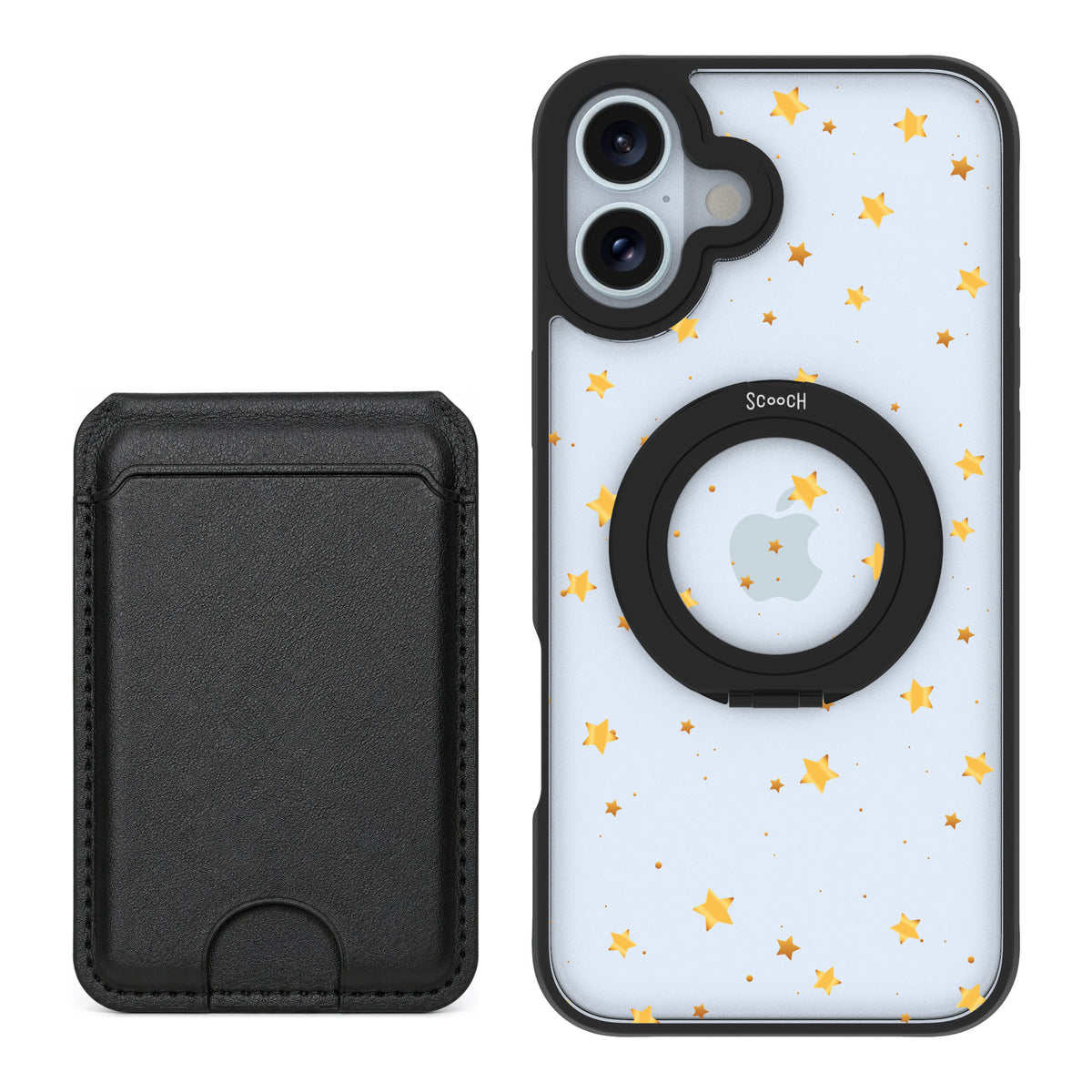 Scooch MagCase Gold Stars for iPhone 16 Plus — Black MagWallet Bundle