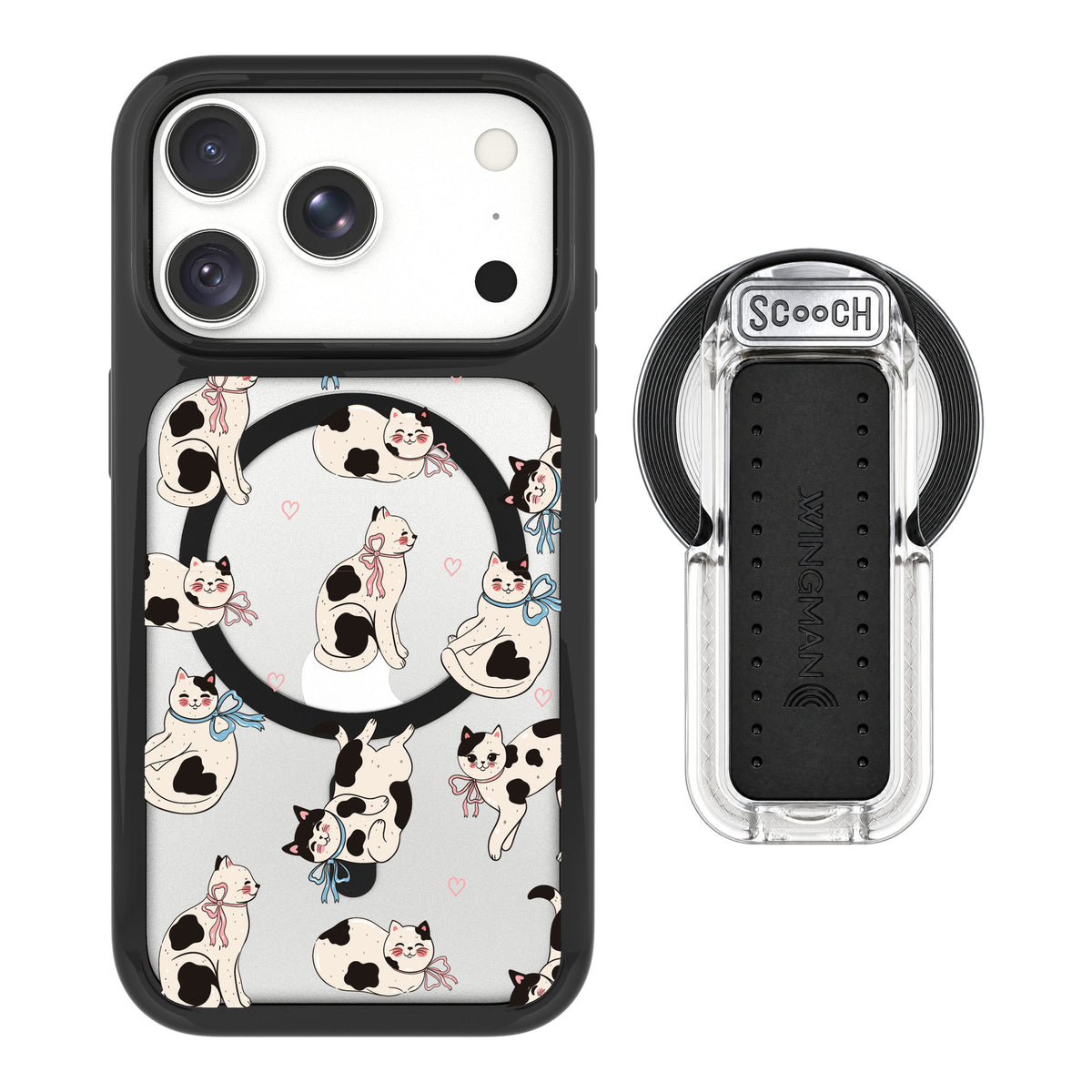 Scooch MagCase Bow Kitties for iPhone 18 Pro Max — MagSafe Wingback Bundle - Clear