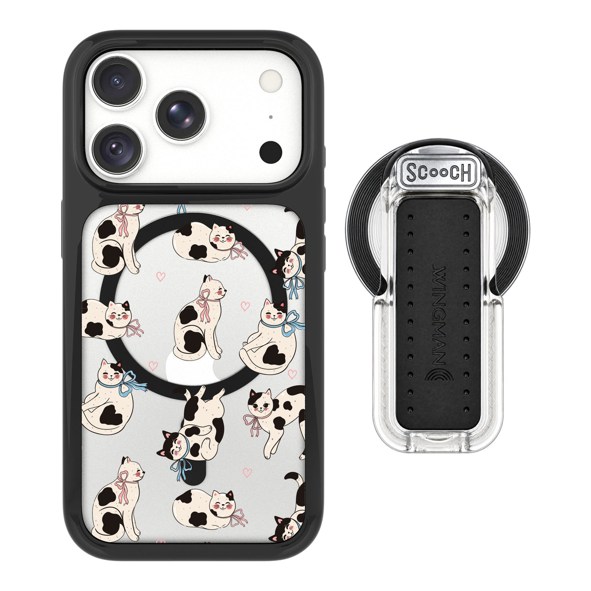 Scooch MagCase Bow Kitties for iPhone 18 Pro — MagSafe Wingback Bundle - Clear