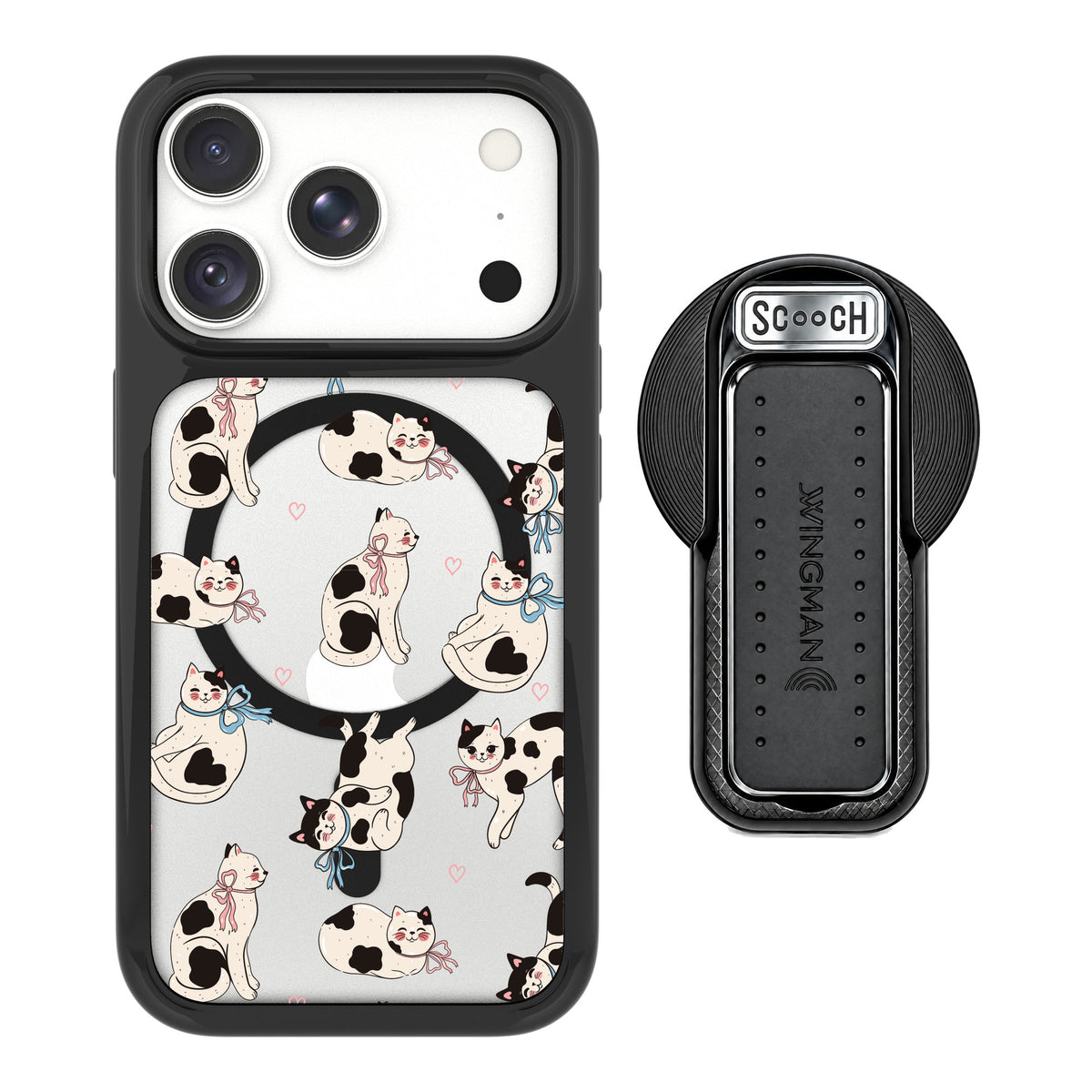 Scooch MagCase Bow Kitties for iPhone 18 Pro — MagSafe Wingback Bundle - Black