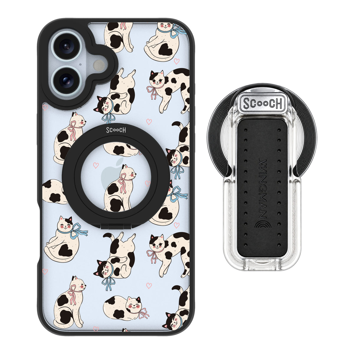 Scooch MagCase Bow Kitties for iPhone 16 Plus — MagSafe Wingback Bundle - Clear