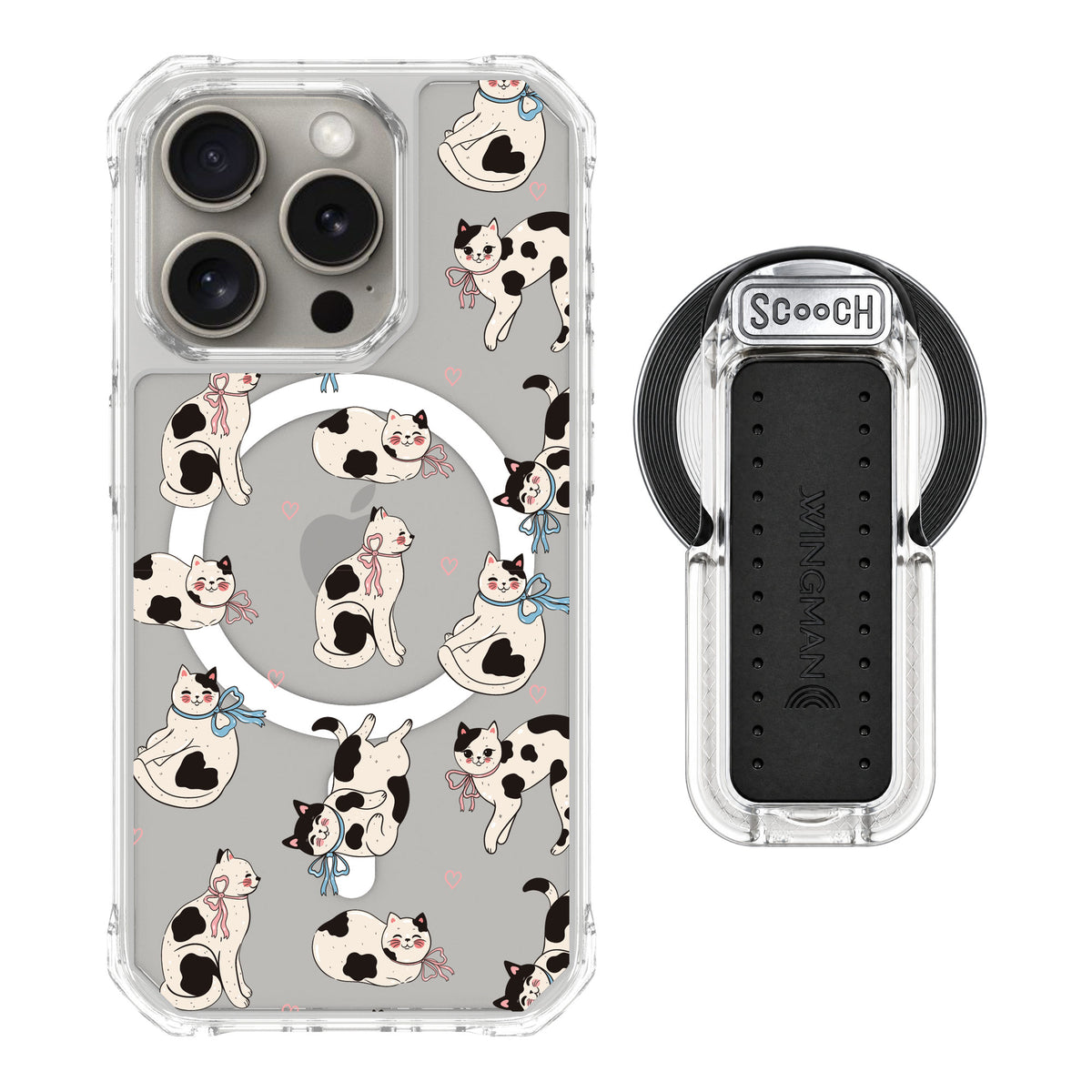 Scooch MagCase Bow Kitties for iPhone 15 Pro — MagSafe Wingback Bundle - Clear