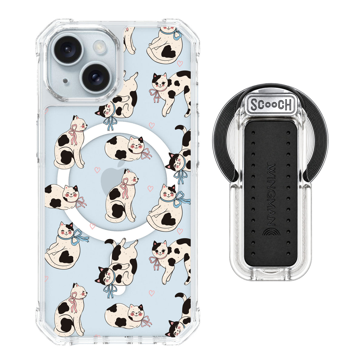 Scooch MagCase Bow Kitties for iPhone 15 — MagSafe Wingback Bundle - Clear