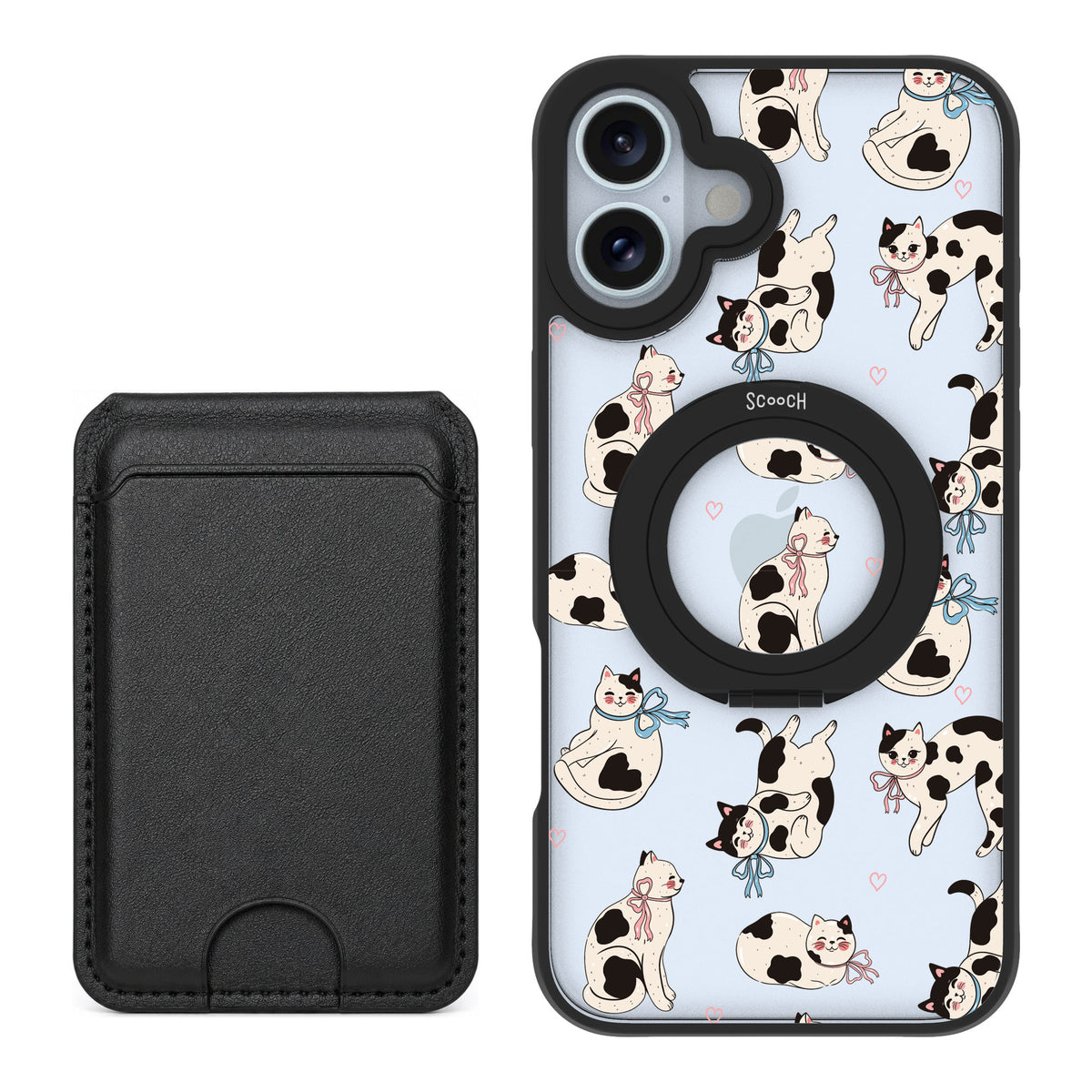 Scooch MagCase Bow Kitties for iPhone 16 Plus — Black MagWallet Bundle