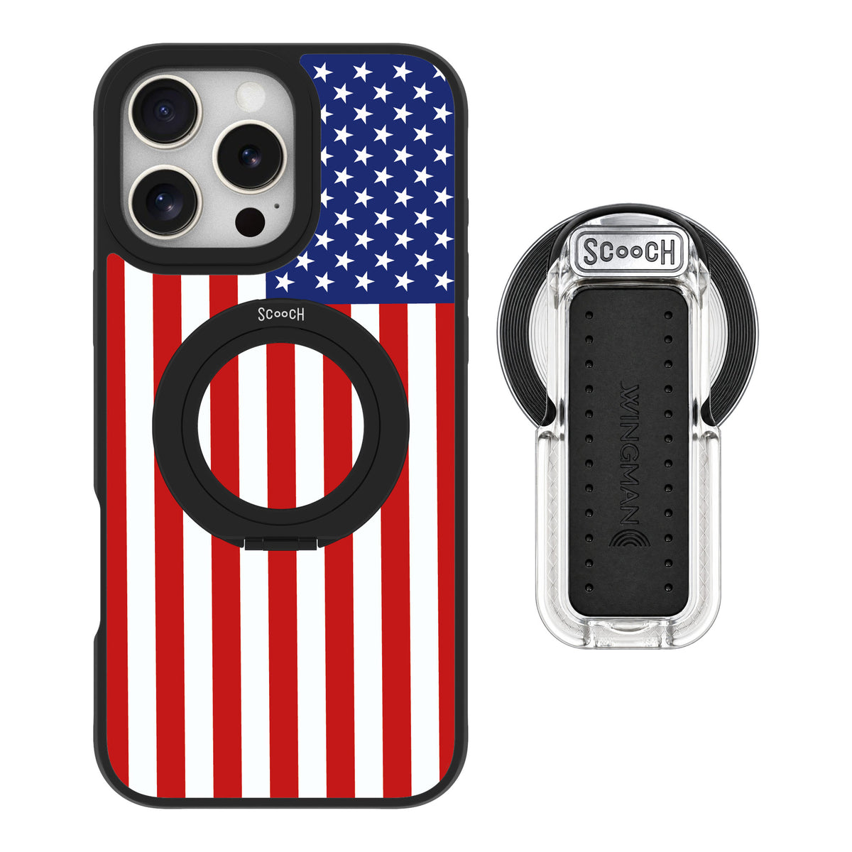 Scooch MagCase Stars And Stripes for iPhone 16 Pro Max — MagSafe Wingback Bundle - Clear