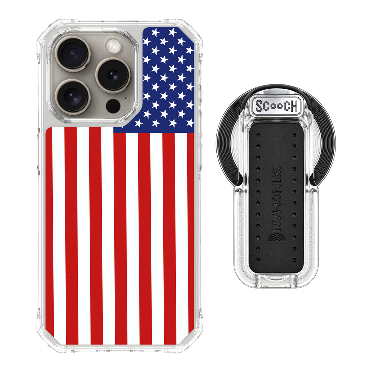 Scooch MagCase Stars And Stripes for iPhone 15 Pro — MagSafe Wingback Bundle - Clear