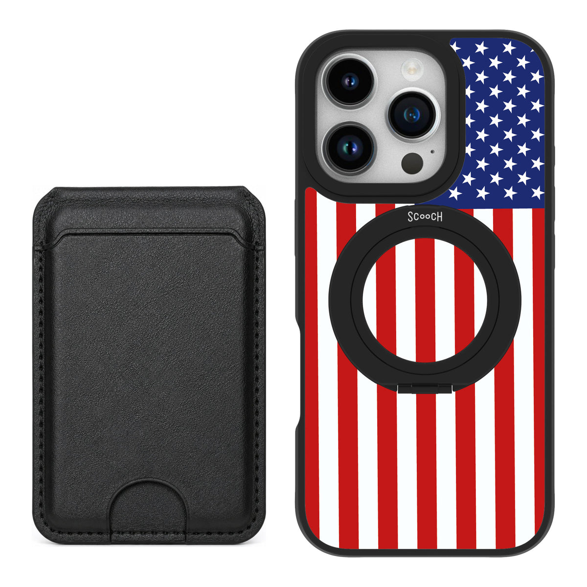 Scooch MagCase Stars And Stripes for iPhone 16 Pro — Black MagWallet Bundle