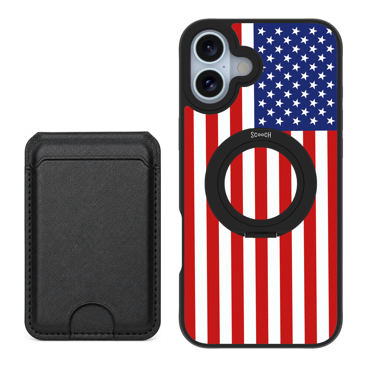 Scooch MagCase Stars And Stripes for iPhone 16 Plus — Black MagWallet Bundle