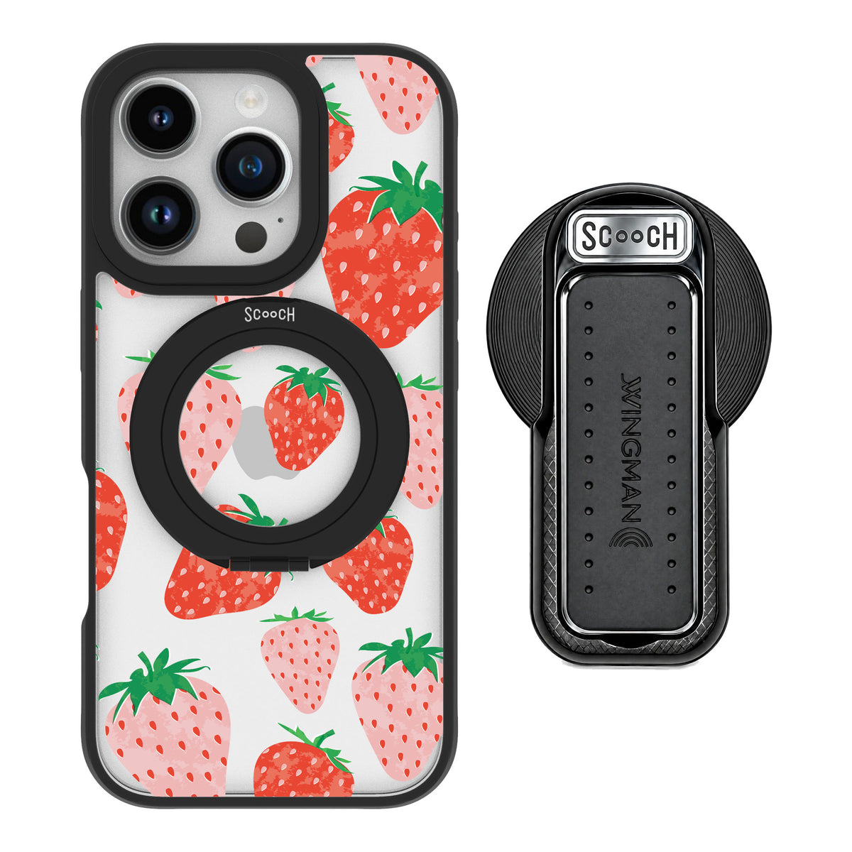 Scooch MagCase Strawberry Fields for iPhone 16 Pro — MagSafe Wingback Bundle - Black