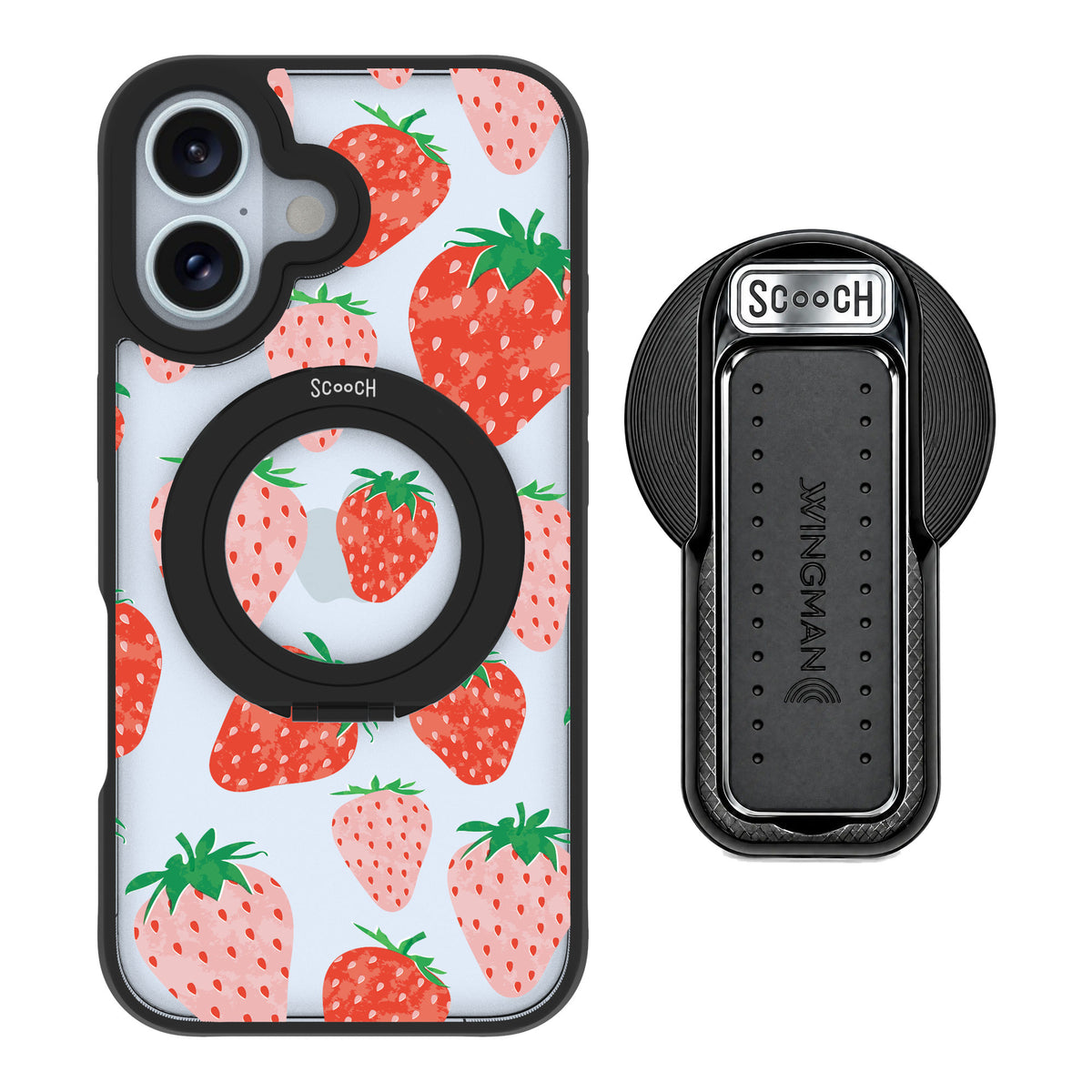 Scooch MagCase Strawberry Fields for iPhone 16 — MagSafe Wingback Bundle - Black