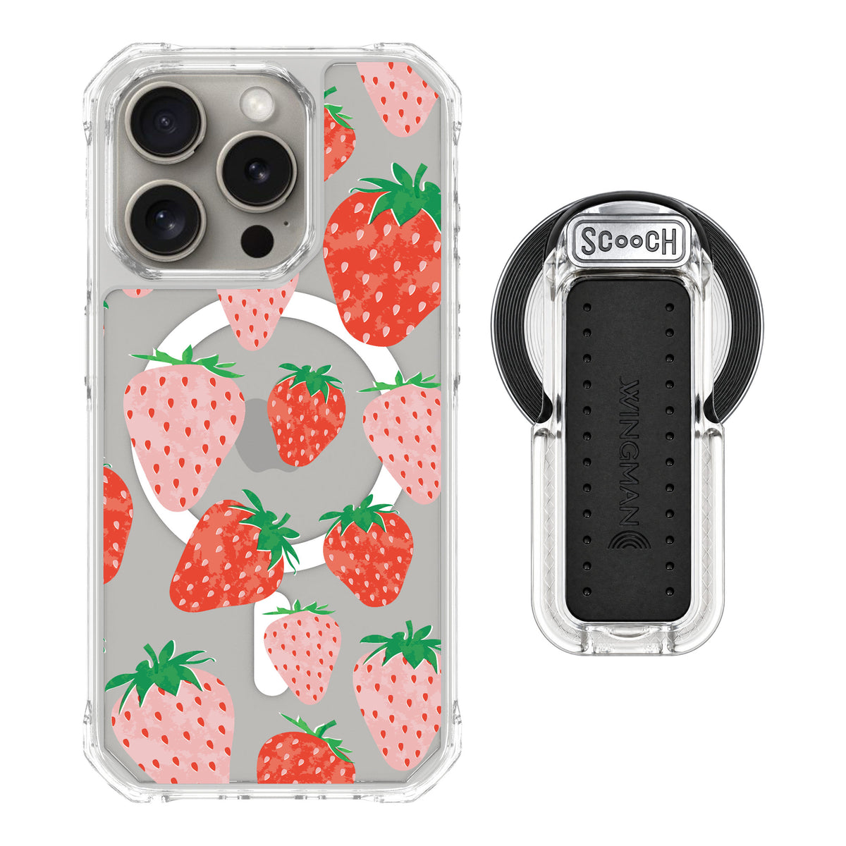 Scooch MagCase Strawberry Fields for iPhone 15 Pro — MagSafe Wingback Bundle - Clear