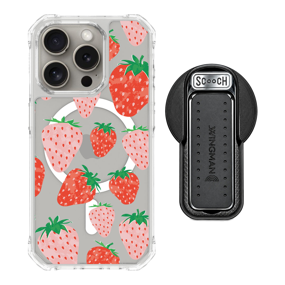 Scooch MagCase Strawberry Fields for iPhone 15 Pro — MagSafe Wingback Bundle - Black