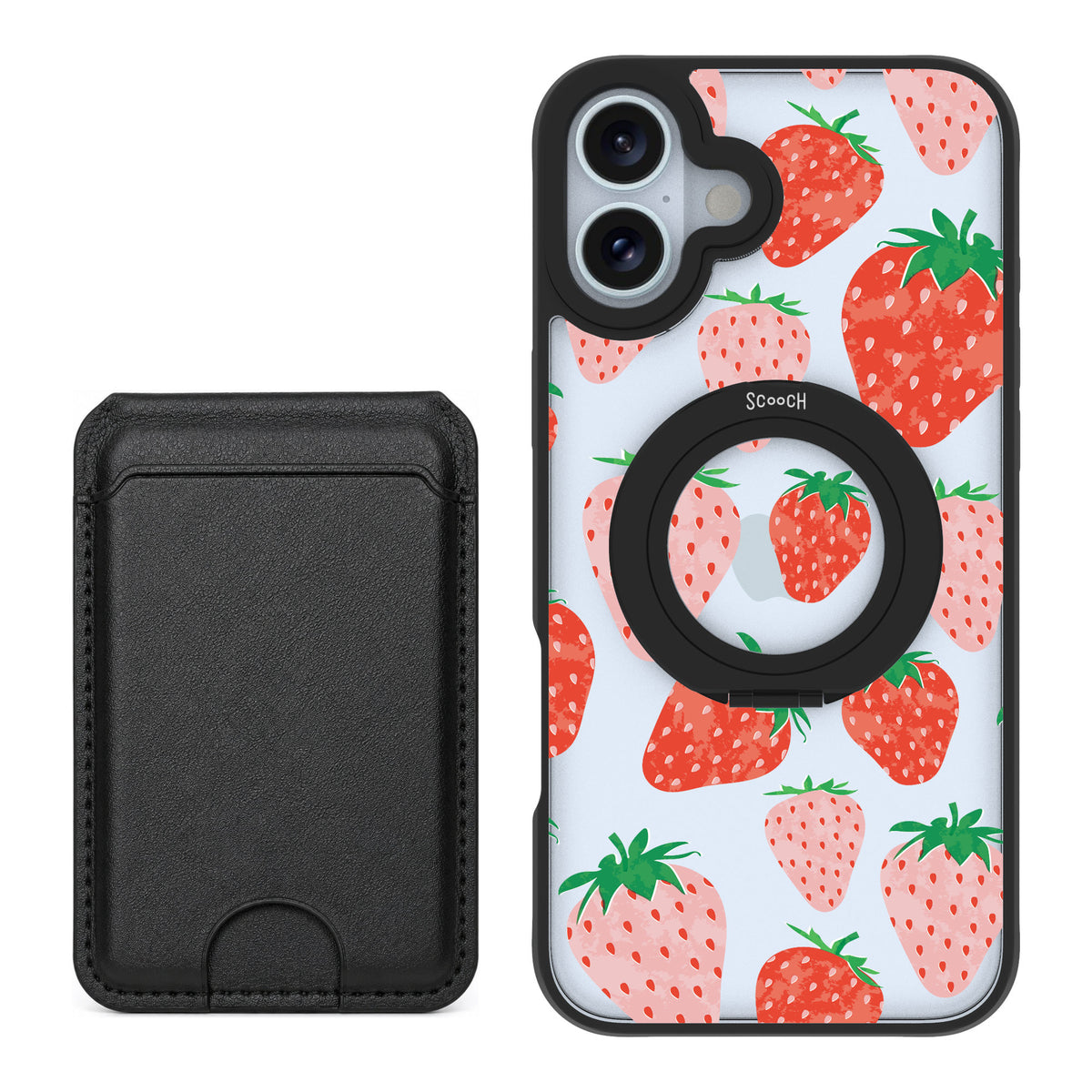 Scooch MagCase Strawberry Fields for iPhone 16 Plus — Black MagWallet Bundle