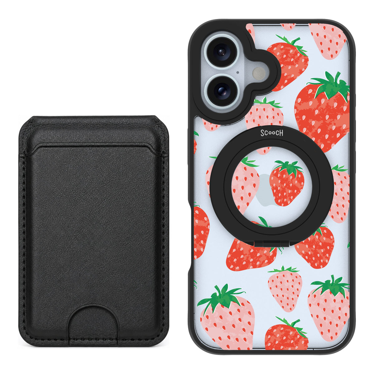 Scooch MagCase Strawberry Fields for iPhone 16 — Black MagWallet Bundle