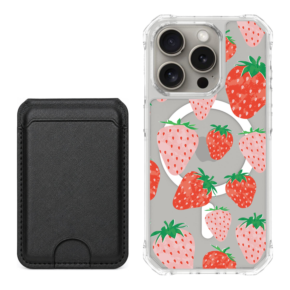 Scooch MagCase Strawberry Fields for iPhone 15 Pro — Black MagWallet Bundle