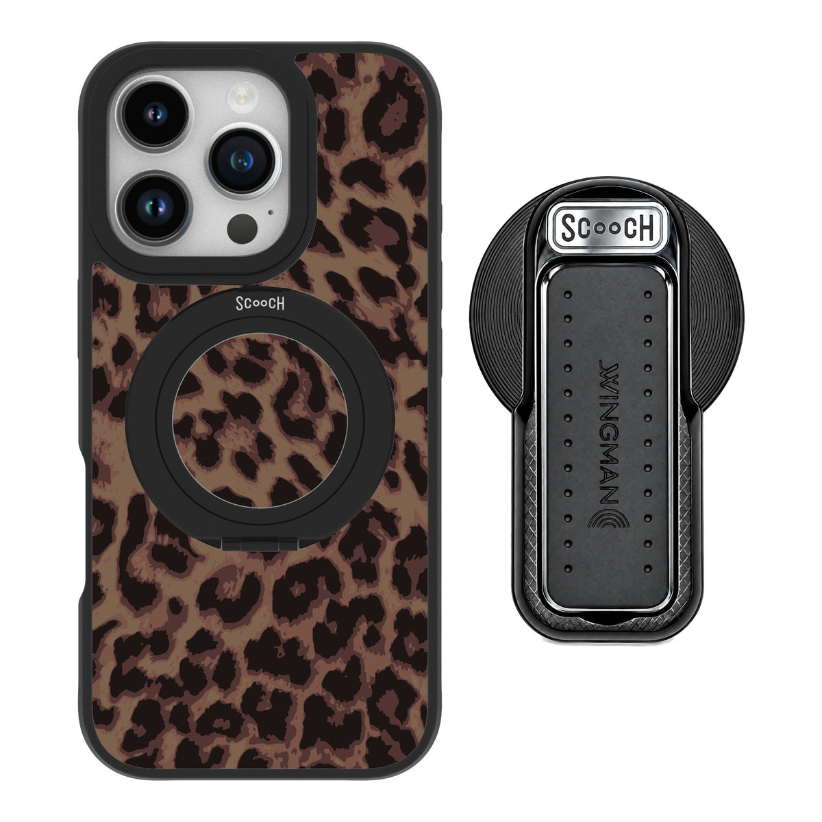 Scooch MagCase Luxe Leopard for iPhone 16 Pro — MagSafe Wingback Bundle - Black