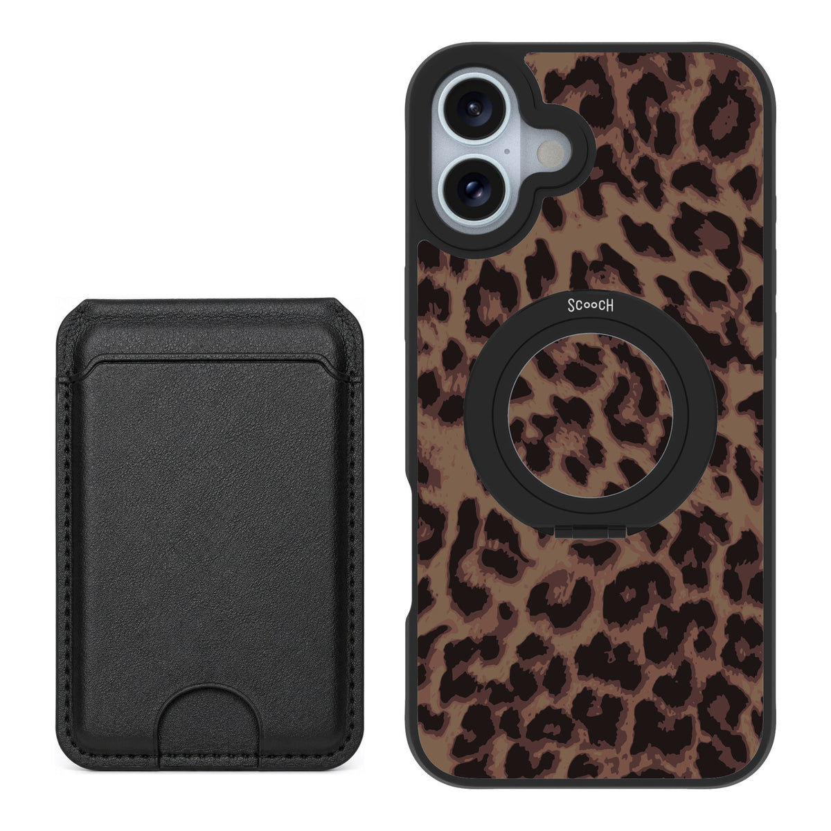 Scooch MagCase Luxe Leopard for iPhone 16 Plus — Black MagWallet Bundle