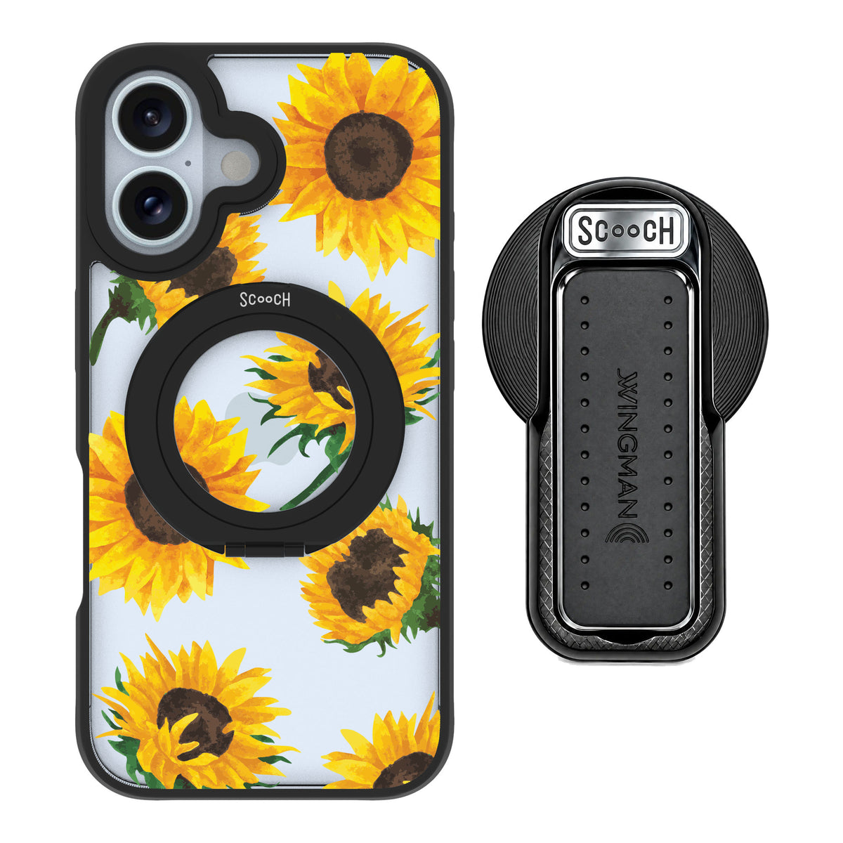 Scooch MagCase Sunflower Frenzy for iPhone 16 — MagSafe Wingback Bundle - Black