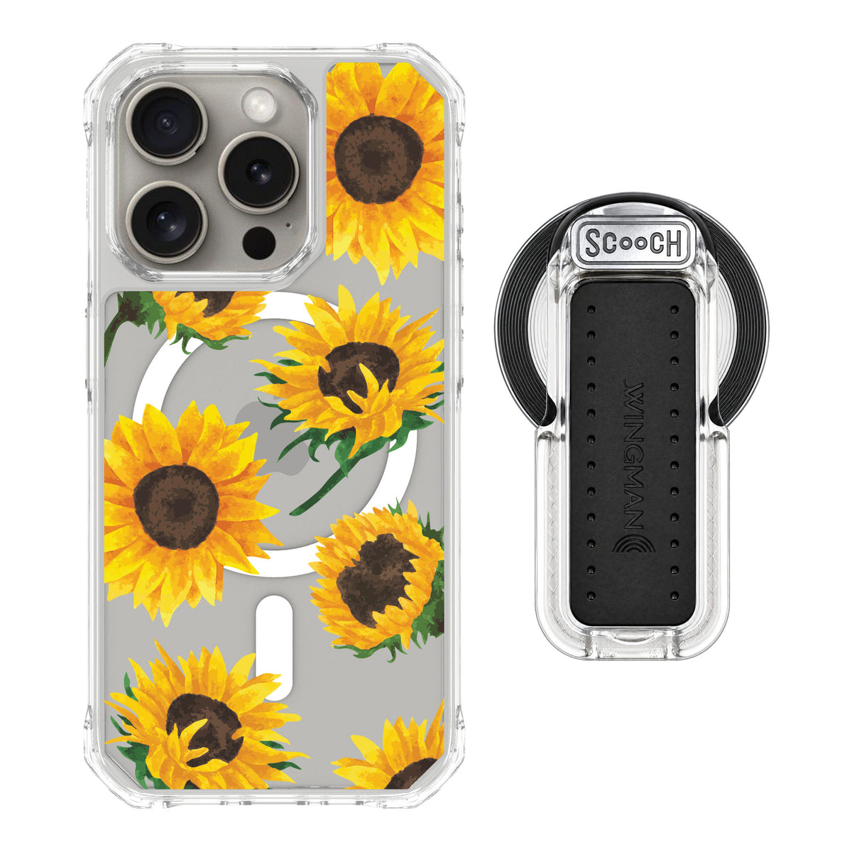 Scooch MagCase Sunflower Frenzy for iPhone 15 Pro — MagSafe Wingback Bundle - Clear