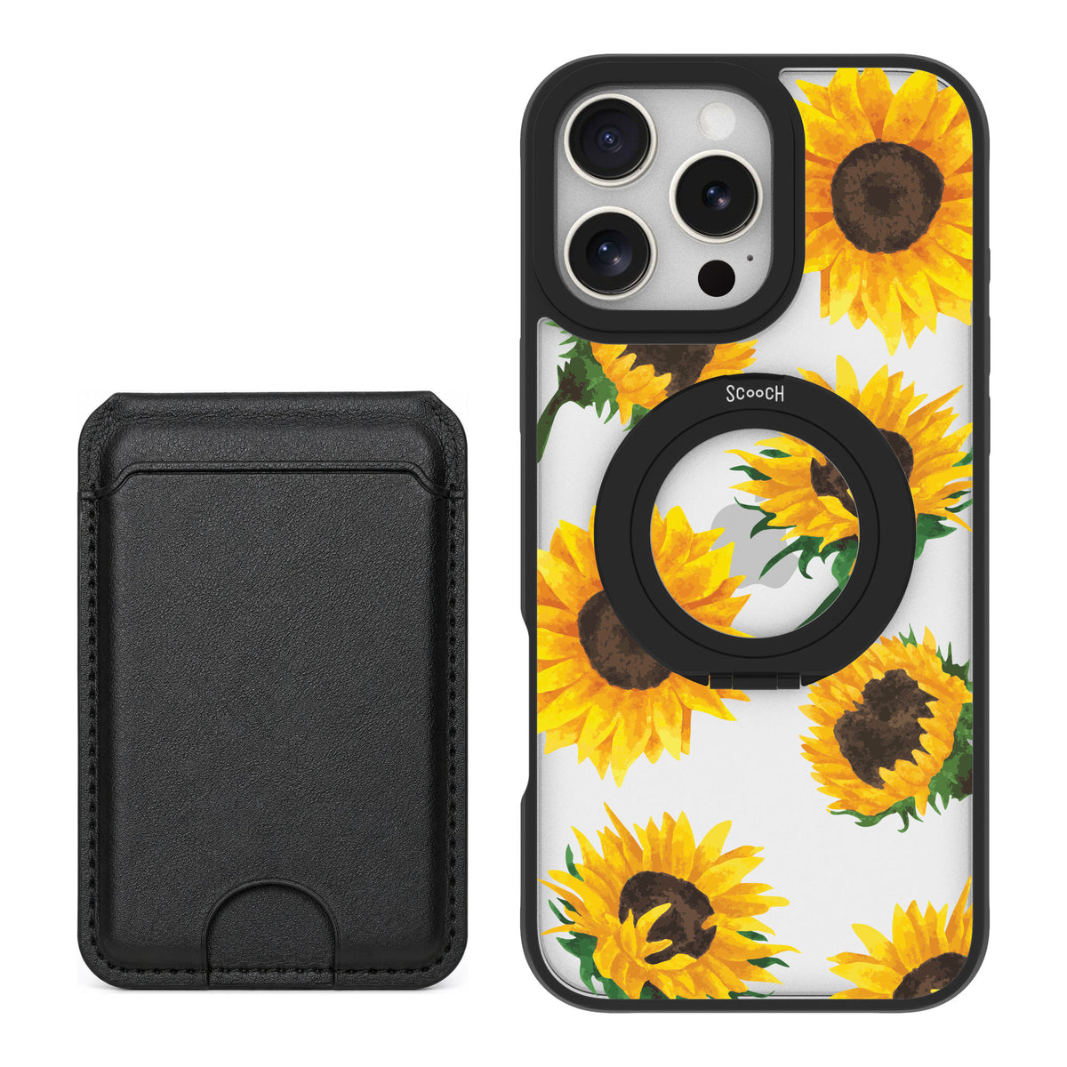 Scooch MagCase Sunflower Frenzy for iPhone 16 Pro Max — Black MagWallet Bundle