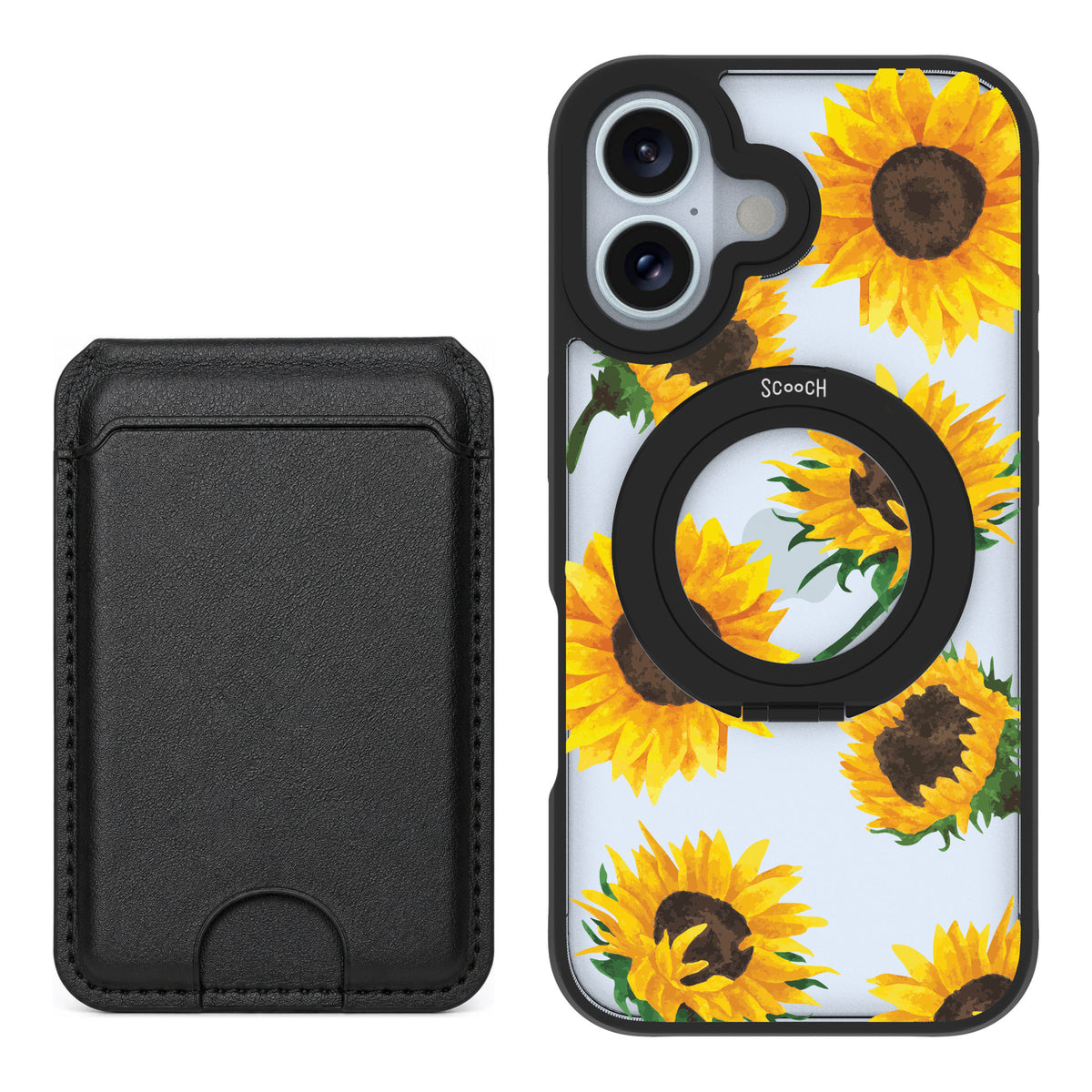 Scooch MagCase Sunflower Frenzy for iPhone 16 — Black MagWallet Bundle