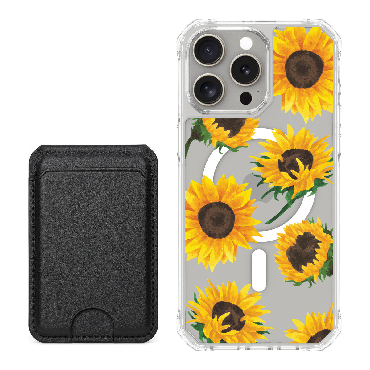 Scooch MagCase Sunflower Frenzy for iPhone 15 Pro Max — Black MagWallet Bundle