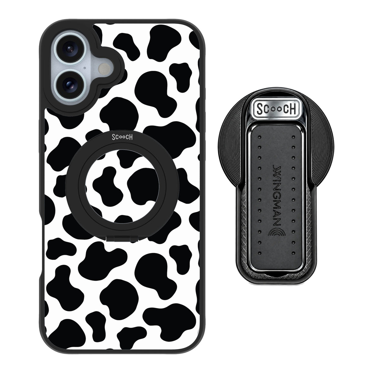 Scooch MagCase Cow Print for iPhone 16 Plus — MagSafe Wingback Bundle - Black
