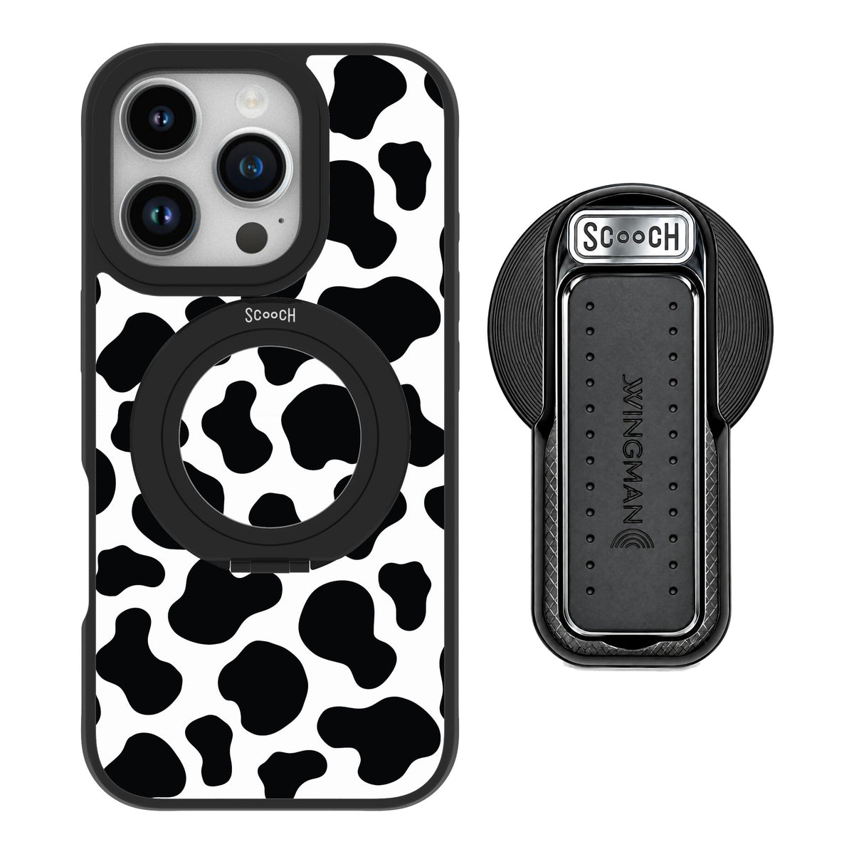 Scooch MagCase Cow Print for iPhone 16 Pro — MagSafe Wingback Bundle - Black