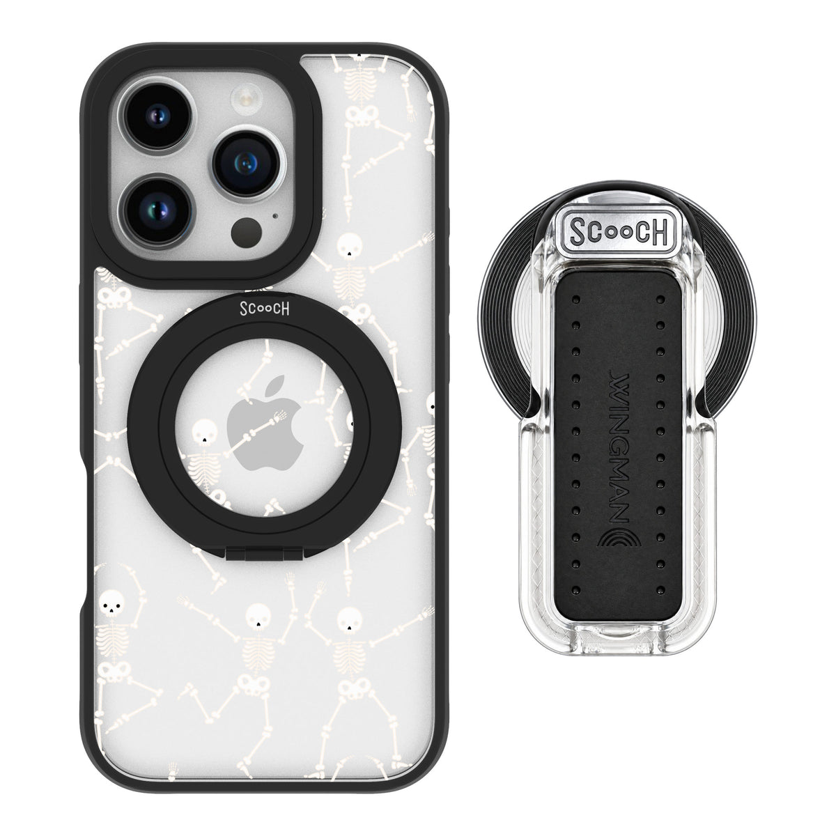 Scooch MagCase Swinging Skeletons for iPhone 16 Pro — MagSafe Wingback Bundle - Clear