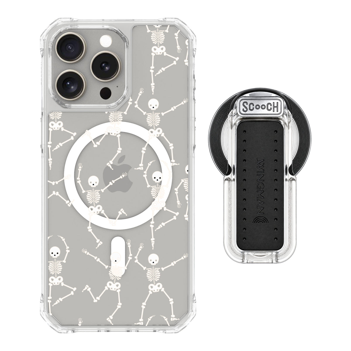 Scooch MagCase Swinging Skeletons for iPhone 15 Pro Max — MagSafe Wingback Bundle - Clear