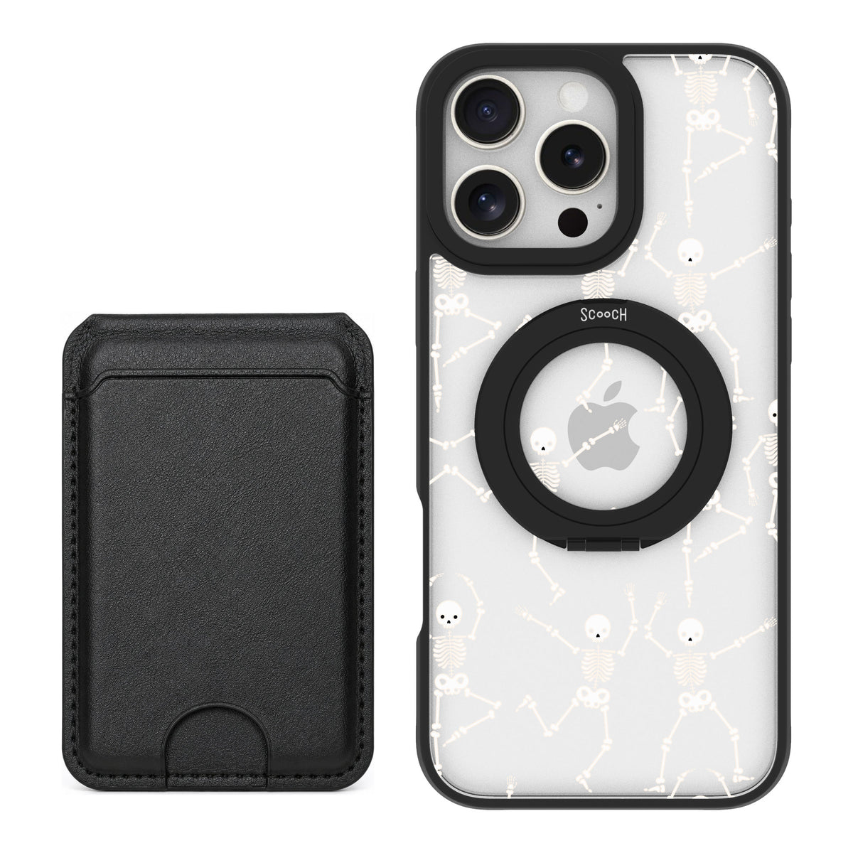 Scooch MagCase Swinging Skeletons for iPhone 16 Pro Max — Black MagWallet Bundle