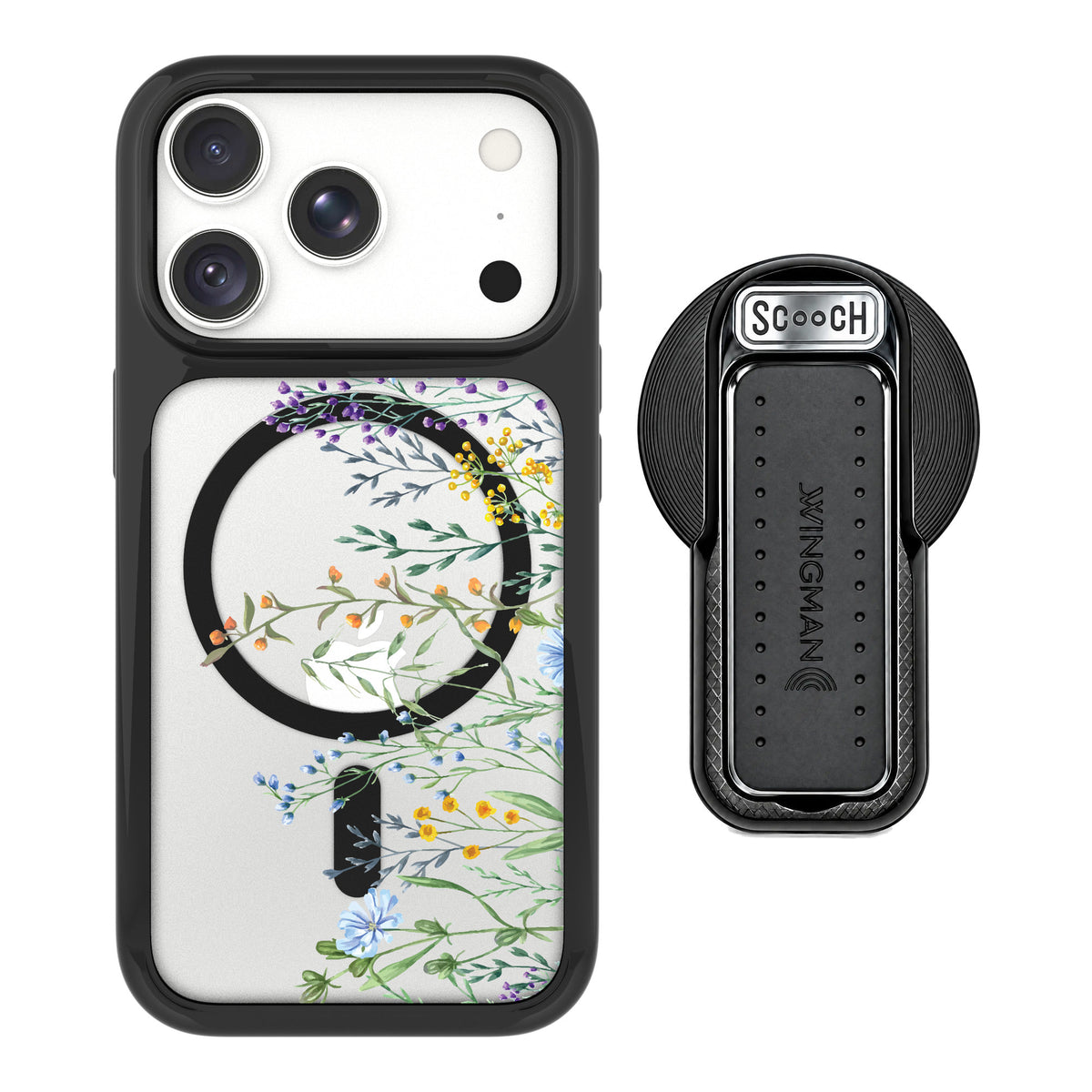 Scooch MagCase Meadow Bloom for iPhone 18 Pro — MagSafe Wingback Bundle - Black