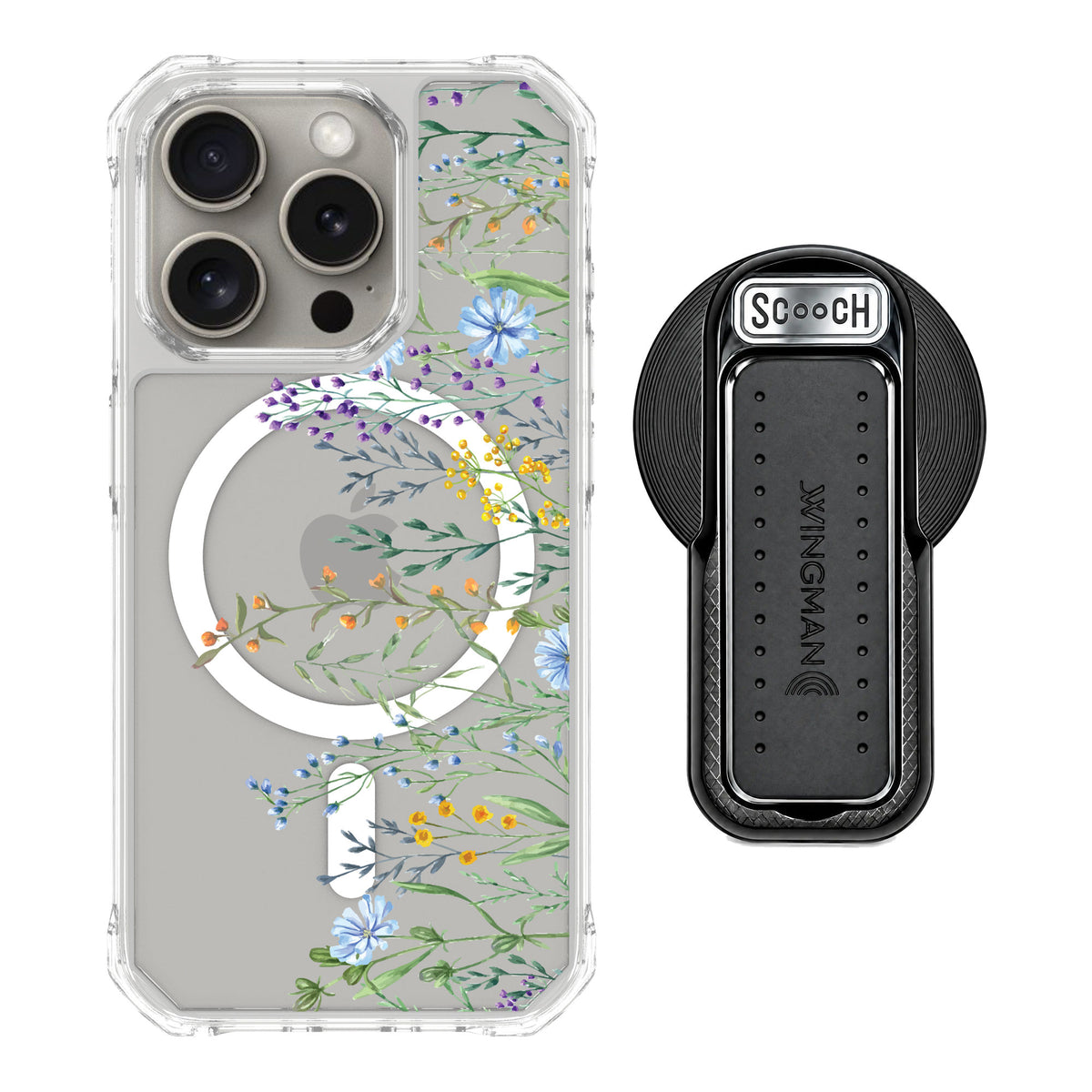 Scooch MagCase Meadow Bloom for iPhone 15 Pro — MagSafe Wingback Bundle - Black